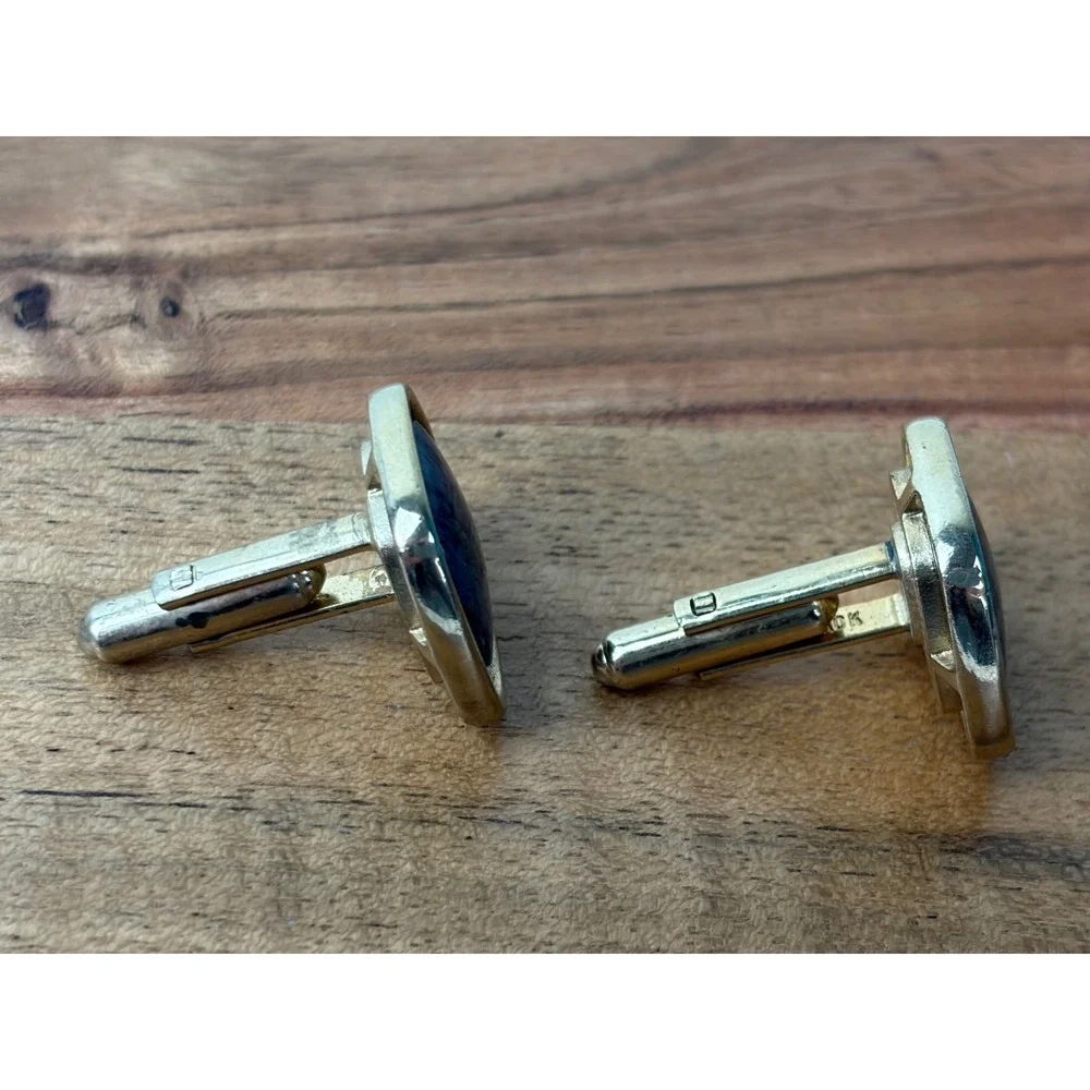 Hickok Cufflinks Blue Gray Gold Vintage MCM Marbled Stone Old Money Toggle